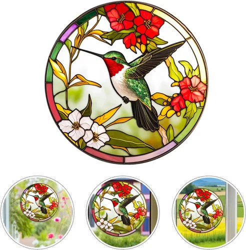 Vista 4 de VOSAREA Adhesivo para ventana de vitrales, diseños de colibríes y pájaros, calcomanías anticolisión, vinilo no adhesivo
