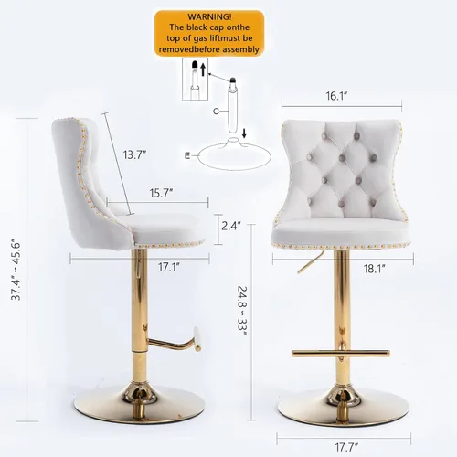 Vista 2 de Taburete de bar giratorio ajustable de altura de mostrador, silla de bar tapizada de terciopelo dorado con base cromada con respaldo acolchonado