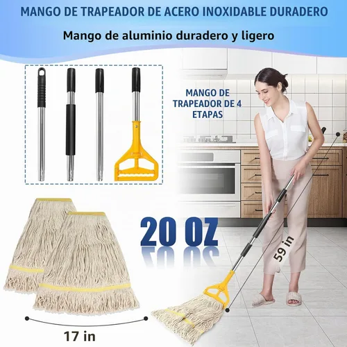 Vista 3 de Paquete de 2 trapeadores comerciales de algodón industrial de 20 onzas, cabezales de repuesto de algodón de grado industrial para el hogar