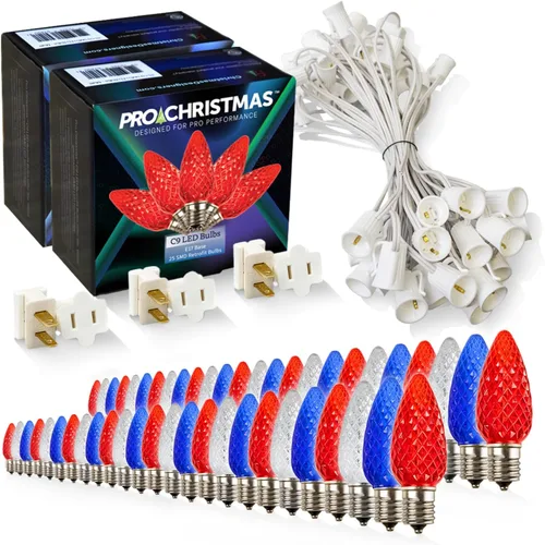 Vista 56 de Pro Christmas - Kit de luces C9 para exteriores, blanco cálido, cable verde, 50 bombillas, 50 pies