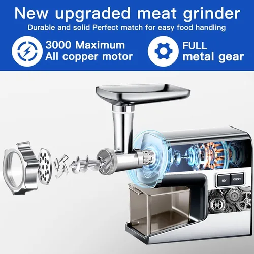 Vista 4 de 3000W Picadora de carne eléctrica 304 acero inoxidable Plata brillante