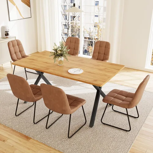 Vista 9 de HIPIHOM Mesa de comedor moderna de 63 pulgadas para 6 personas, mesa de cocina rectangular grande con patas en forma de X, muebles de comedor