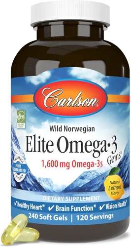 Vista 10 de Carlson Elite Omega-3 Gems 1600 mg de ácidos grasos Omega 3, incluyendo EPA y DHA, aceite de pescado noruego capturado en la naturaleza, suplemento
