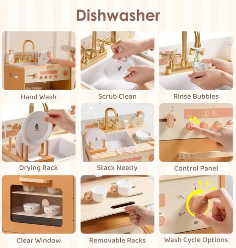 Vista 3 de ROBOTIME Juego de cocina de madera caramelo para niños, juego de rol 4 en 1 con nevera, lavadora y plancha, lavavajillas, juego de cocina para niños