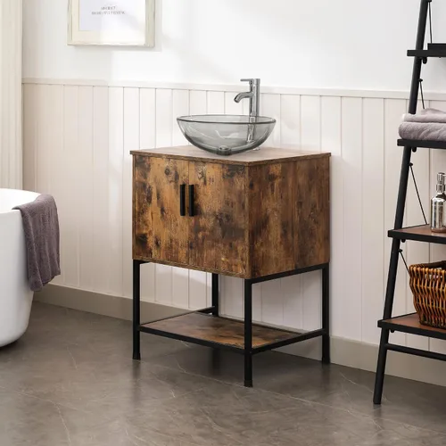 Vista 5 de UEV Juego de tocador de baño antiguo de 24 pulgadas, color marrón oscuro con lavabo, armario de baño de madera de hierro con grifo de temperatura