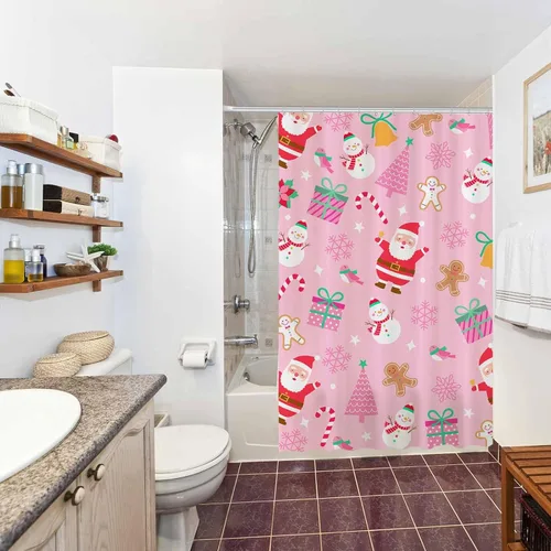 Vista 5 de Allenjoy Cortina de ducha de Navidad rosa de 72 x 72 pulgadas para niña, juego de baño de Feliz Navidad, invierno, Papá Noel, muñeco de nieve