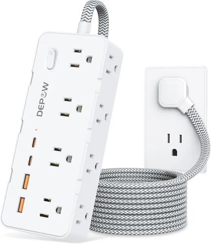 Vista 11 de DEPOW Regleta de alimentación negra de 2 puntas, adaptador de salida de 2 a 3 clavijas con 8 puertos de CA y 4 puertos USB (2 USB C), cable