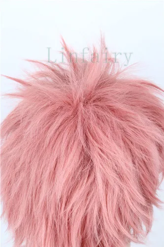 Vista 4 de Linfairy Peluca de cosplay de anime, color rosa, recta y corta, unisex, para disfraz de Halloween para hombre