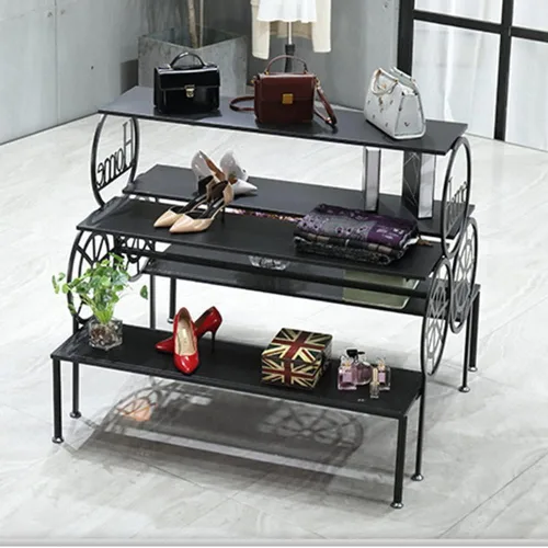 Vista 2 de Mesas de exhibición al por menor para tienda de zapatos, estantes de almacenamiento trapezoidales de piso a techo, estantes de varios niveles