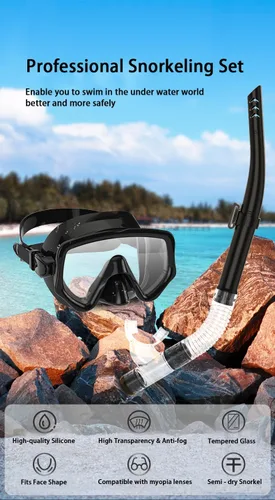 Vista 9 de Equipo de esnórquel para adultos, juego de esnórquel seco máscara de buceo, vista panorámica de 180°, equipo de esnórquel profesional, máscara