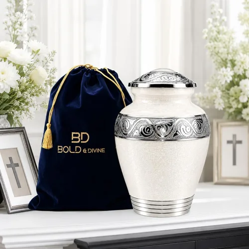 Vista 5 de BOLD&DIVINE Urna texturizada de esmalte perlado Urna conmemorativa texturizada de gránulo divino para cenizas humanas, funeral, entierro