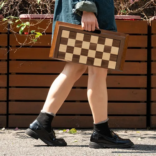 Vista 7 de 15.5'' Deluxe Solid Wood 3-in-1 Chess Set: Portable Chess, Backgammon, and Checkers with Hollow Handle Box, Folding Board for Travel, Suitable for
