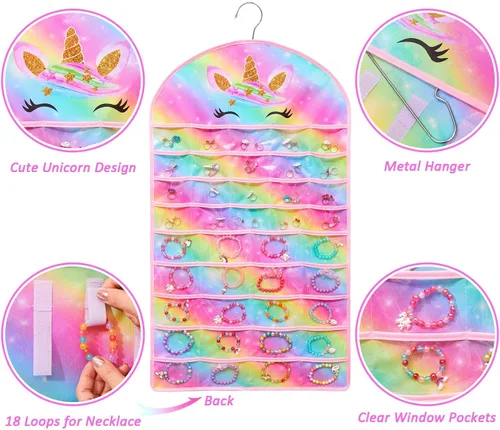 Vista 5 de FIOBEE Organizador de joyas colgante para niñas, soporte de almacenamiento de joyas de unicornio con colgador para niños, aretes, collar, pulsera