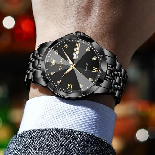 Vista 9 de OLEVS Reloj de pulsera automático con diseño de esqueleto para hombre, de lujo, con diamantes de lujo, de acero inoxidable, calendario, reloj