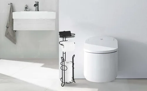 Vista 4 de SunnyPoint Soporte de almacenamiento de rollo de papel higiénico pesado para baño con reserva y estante, el área de reserva tiene suficiente espacio