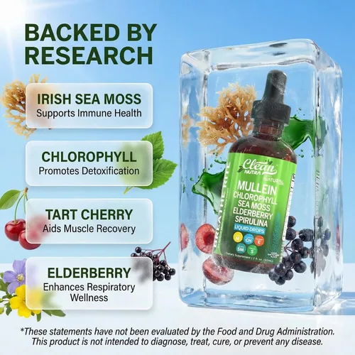 Vista 3 de Clean Nutra Gotas de Gordolobo para Pulmones Clorofila Orgánica Líquida Musgo Marino Irlandés, Espirulina, Regaliz, Cereza Ácida, Lobelia, Agripalma