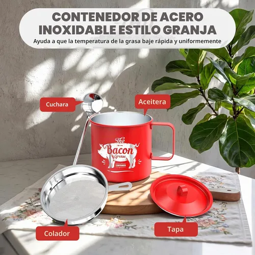 Vista 7 de PGYARD Mini protector de grasa de tocino con colador, recipiente de aceite de acero inoxidable de 20 onzas, protector de grasa de tocino de granja