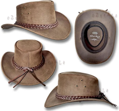 Vista 6 de Sombrero de cuero aceitado australiano Outback australiano vaquero australiano occidental para hombres y mujeres niños negro marrón WO HL11 EE. UU
