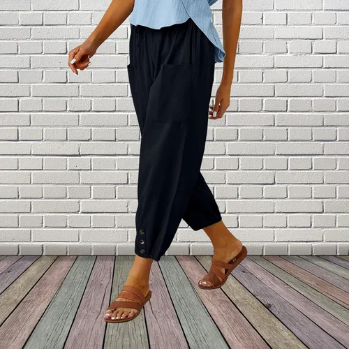 Vista 2 de ZQFFB Capri Pants for Women Casual Summer Linen Capris Elastic Waist Crop Pants with Drawstring