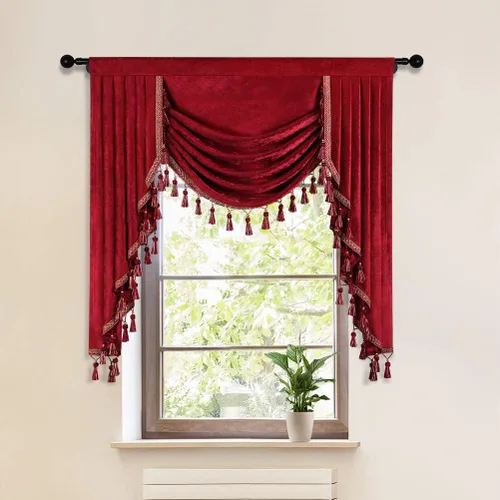 Vista 32 de ELKCA Cenefa de cortina de felpilla beige para ventana de sala de estar, cenefa de cascada para dormitorio, bolsillo para barra