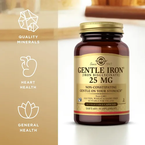 Vista 8 de Solgar Gentle Iron 25 mg, 90 cápsulas vegetales - Energía, producción normal de glóbulos rojos - Suave para el estómago - Sin OMG, vegano, sin