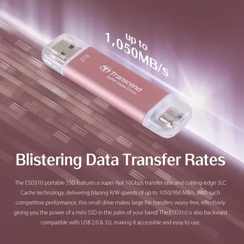 Vista 2 de Transcend ESD310 SSD externo de 2 TB, hasta 1,050 MB/s, unidad USB dual para iPhone17,16,15, iPad y Mac/Tesla/Steam Deck/ROG Ally/MSI Rosa
