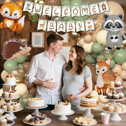 Vista 7 de 167 piezas Decoraciones de baby shower con temática de animales del bosque, kit de guirnalda de arco de globos con temática de bosque con pancarta