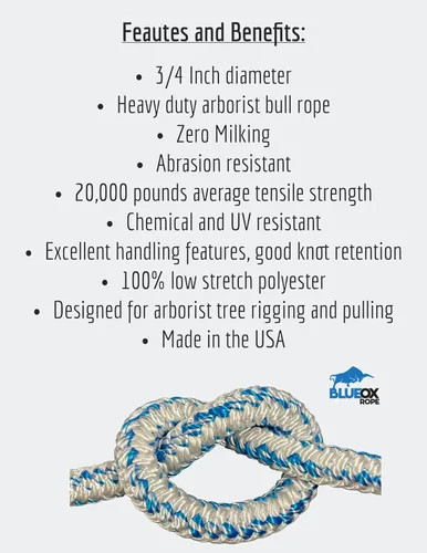 Vista 4 de Blue Ox Rope Cuerda de toro Arborist de 3/4 pulgadas por 150 pies, 12 portadores de 24 hebras, blanco/azul, fabricada en los Estados Unidos