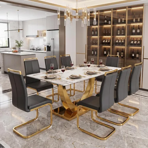 Vista 30 de Juego de mesa de comedor blanca para 6, 71 pulgadas, juego de mesa de comedor de mármol sintético para 6 Modern Dining Table Set for 6, Black PU