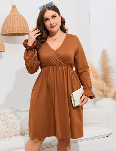 Vista 5 de ShopWonder Vestido de talla grande para mujer, con cuello en V, acampanado, largo hasta la rodilla, vestido de fiesta, minivestido de fiesta