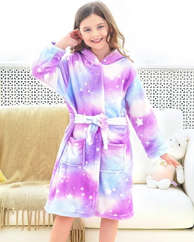 Vista 2 de Doctor Unicorn Suave bata de baño con capucha arcoíris para niñas