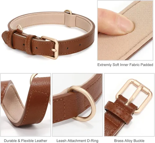 Vista 5 de WHIPPY Collar de cuero para perro pequeño y mediano, ajustable, suave, transpirable, de cuero, acolchado, con hebilla de aleación, resistente al