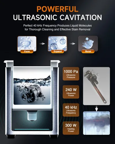 Vista 3 de CREWORKS Limpiador ultrasónico digital de 10L para objetos alargados, limpiador ultrasónico profesional de piezas de 240W con calentador