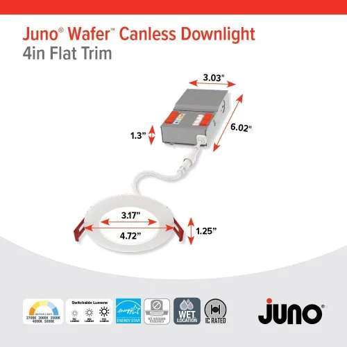 Vista 6 de Juno Luces LED empotrables redondas de 4 pulgadas, luz descendente de oblea deflectora, temperatura de color blanco conmutable 5 en 1, brillo