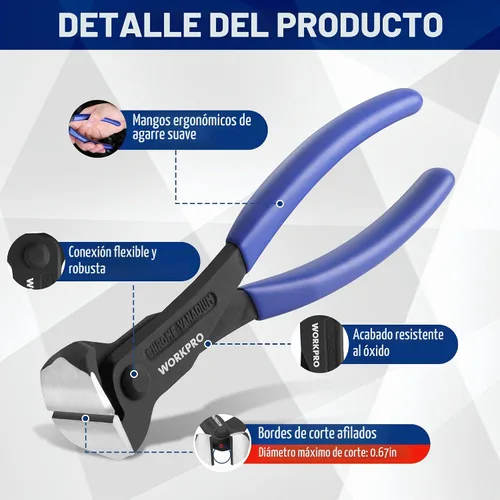 Vista 3 de WORKPRO Alicates de corte de 7 pulgadas, alicates de corte final - Acabado negro en acero cromo vanadio, pinza de corte final de alto