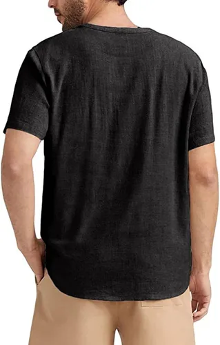 Vista 2 de Angbater Camiseta casual de lino Henley de manga corta para hombre, camiseta hippie de playa, camiseta ligera tropical para verano
