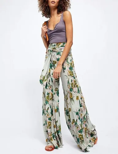 Vista 4 de Lrady Pantalones de pijama de pierna ancha para mujer, estilo palazzo, cintura alta, cinturón atado, playa, bohemio, holgado, yoga, atlético