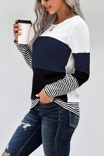 Vista 2 de Camisa de manga larga para mujer, suéteres de moda para otoño de 2024, cuello redondo, camisetas de bloque de color a la moda