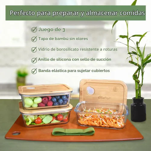 Vista 3 de EcoPreps Recipientes de vidrio para preparar comida con tapas de bambú (paquete de 3) - 100% libres de plástico, contenedores de almuerzo
