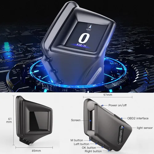 Vista 5 de Geloo Pantalla frontal HUD para automóvil, pantalla HUD OBD2 con OBDII GPS Dual System OBD2 Velocímetro Medidor 8 modos Multifunción Medidor