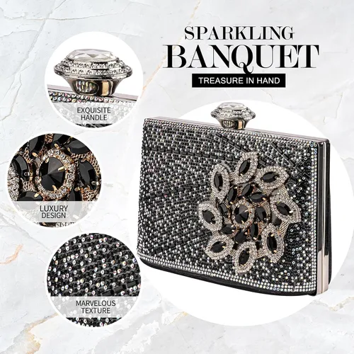 Vista 3 de Bolso de mano de cristal negro para mujer, bolso de noche con purpurina, bolso de lujo con borla de moda para boda, fiesta, baile de graduación