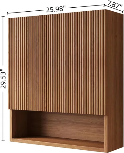 Vista 3 de USHOWER Armario de pared de baño de roble marrón con puertas estriadas y estante abierto