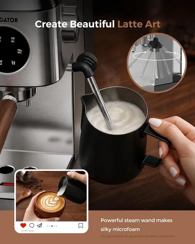 Vista 3 de Máquina de café expreso de 20 bares, cafetera compacta con espumador de leche, cafetera espresso con tanque de agua extraíble de 50 onzas