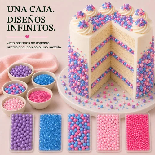 Vista 3 de Confect Gránulos decorativos para tartas Mezcla de grageas rosa intenso, rosa bebé y morado Azúcar brillante azul profundo Gránulos