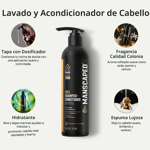 Vista 2 de MANSCAPED® Champú y acondicionador 2 en 1, fórmula UltraPremium infundida con algas marinas, agua de coco, aloe para nutrir e hidratar el cabello