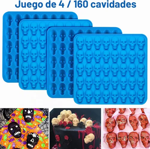 Vista 4 de Sidosir 4 moldes de chocolate con calavera de gomita, moldes de caramelo de calavera de gomita, moldes de silicona antiadherentes con 2 cuentagotas