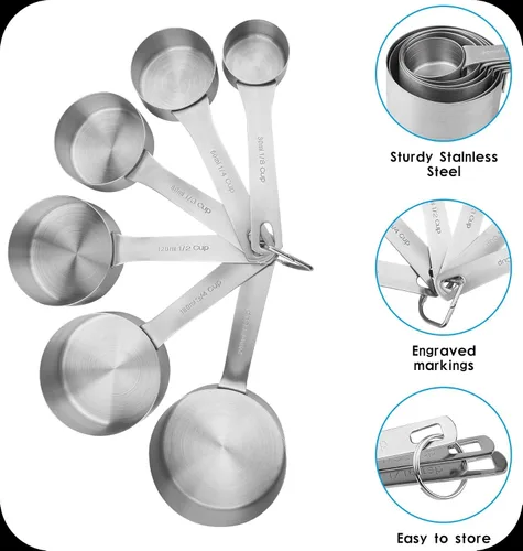 Vista 3 de Juego de tazas y cucharas medidoras, juego de tazas y cucharas medidoras de acero inoxidable 18/8, taza métrica y estadounidense 6 medida y cuchara