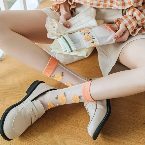 Vista 5 de Yomutiur Calcetines transparentes para mujer, de verano, de malla fina, elástica, jacquard de cristal