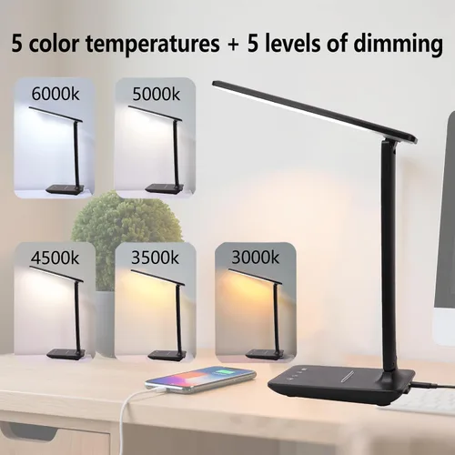 Vista 2 de Lámpara de escritorio LED regulable con puerto de carga USB, 5 modos de iluminación, control sensible, lámparas de escritorio plegables portátiles