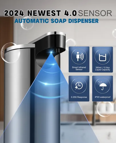 Vista 2 de Dispensador automático de jabón, dispensador de jabón líquido de acero inoxidable sin contacto de 13.5oz/400ml, dispensador de platos eléctrico